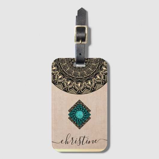 Chic Girly Black Gold Mandala Skript Name Gepäckanhänger (Vorderseite Vertikal)