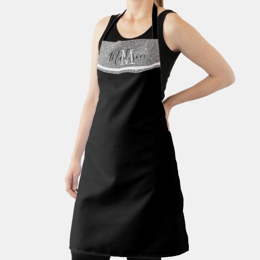 Chic Girly Black Silver Glitzer Monogramm Name Schürze (InSitu)