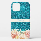 Chic Girly Blue Glitzer Blumendesign Case-Mate iPhone Hülle (Rückseite)