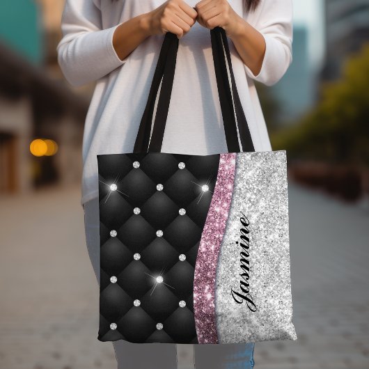 Chic girly faux Silver glitter black pink monogram Tasche