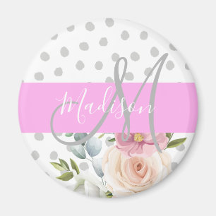 Chic & Girly Floral Weiß Pink Grau Monogramm Name Magnet