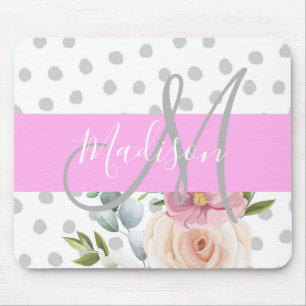 Chic & Girly Floral Weiß Pink Grau Monogramm Name Mousepad