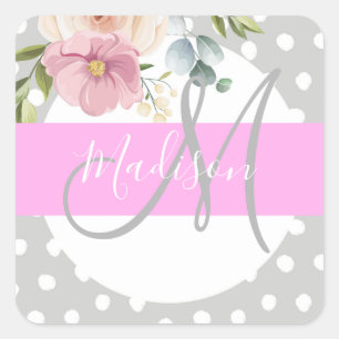 Chic & Girly Floral Weiß Pink Grau Monogramm Name Quadratischer Aufkleber