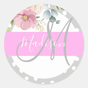 Chic & Girly Floral Weiß Pink Grau Monogramm Name Runder Aufkleber