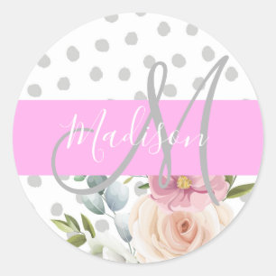 Chic & Girly Floral Weiß Pink Grau Monogramm Name Runder Aufkleber