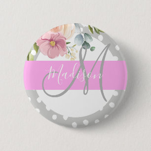 Chic & Girly Floral Weiß Rosa Grau Monogramm Name Button