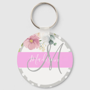Chic & Girly Floral Weiß Rosa Grau Monogramm Name Schlüsselanhänger