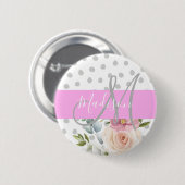 Chic & Girly Floral White Pink Grau Monogramm Name Button (Vorne & Hinten)