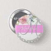 Chic & Girly Floral White Pink Grau Monogramm Name Button (Vorne & Hinten)