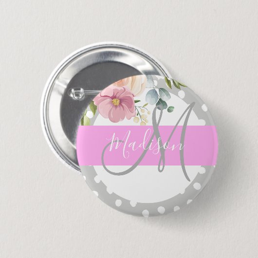 Chic & Girly Floral White Pink Grau Monogramm Name Button (Vorne & Hinten)