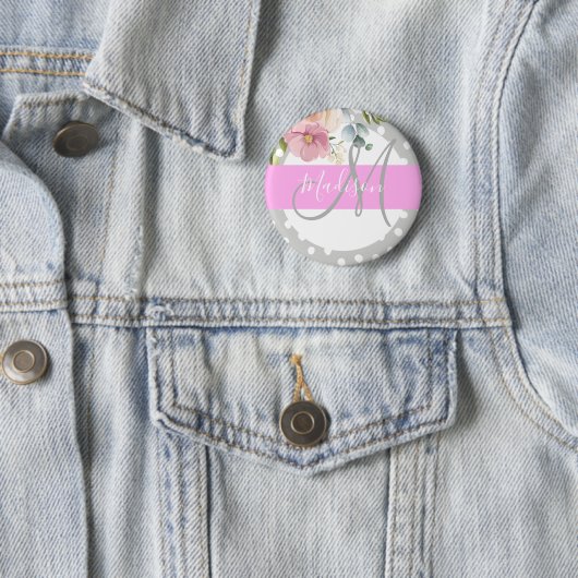 Chic & Girly Floral White Pink Grau Monogramm Name Button (Beispiel)