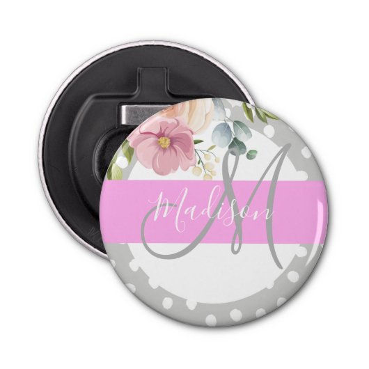 Chic & Girly Floral White Pink Grau Monogramm Name Flaschenöffner (Vorderseite)