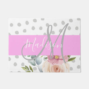 Chic & Girly Floral White Pink Grau Monogramm Name Fußmatte