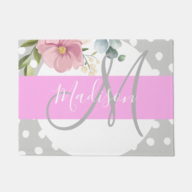 Chic & Girly Floral White Pink Grau Monogramm Name Fußmatte (Vorderseite)