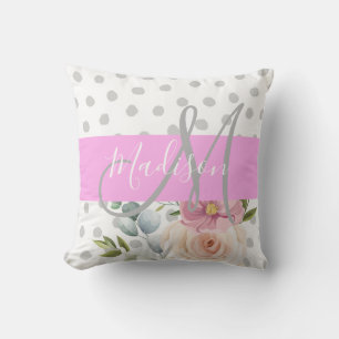 Chic & Girly Floral White Pink Grau Monogramm Name Kissen