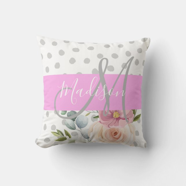 Chic & Girly Floral White Pink Grau Monogramm Name Kissen (Vorderseite)