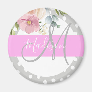 Chic & Girly Floral White Pink Grau Monogramm Name Magnet