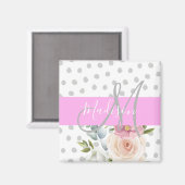 Chic & Girly Floral White Pink Grau Monogramm Name Magnet (Vorderseite/Rückseite)