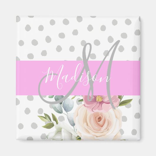 Chic & Girly Floral White Pink Grau Monogramm Name Magnet (Vorne)