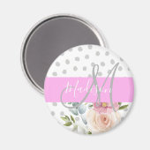 Chic & Girly Floral White Pink Grau Monogramm Name Magnet (Vorderseite/Rückseite)