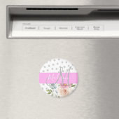 Chic & Girly Floral White Pink Grau Monogramm Name Magnet (In Situ (Geschirrspüler))