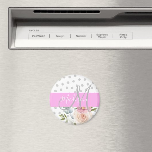 Chic & Girly Floral White Pink Grau Monogramm Name Magnet (In Situ (Geschirrspüler))