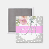 Chic & Girly Floral White Pink Grau Monogramm Name Magnet (Vorderseite/Rückseite)