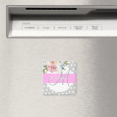 Chic & Girly Floral White Pink Grau Monogramm Name Magnet (In Situ (Geschirrspüler))
