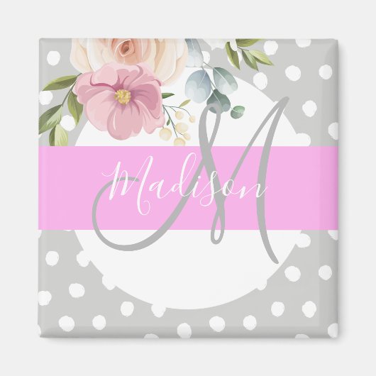 Chic & Girly Floral White Pink Grau Monogramm Name Magnet (Vorne)
