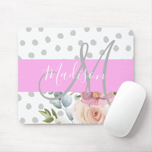 Chic & Girly Floral White Pink Grau Monogramm Name Mousepad (Mit Mouse)