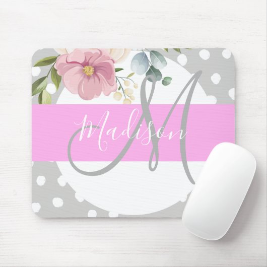 Chic & Girly Floral White Pink Grau Monogramm Name Mousepad (Mit Mouse)