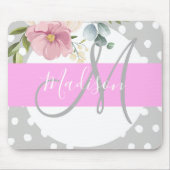 Chic & Girly Floral White Pink Grau Monogramm Name Mousepad (Vorne)