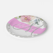 Chic & Girly Floral White Pink Grau Monogramm Name Pappteller (Schrägansicht)