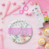 Chic & Girly Floral White Pink Grau Monogramm Name Pappteller (Party)