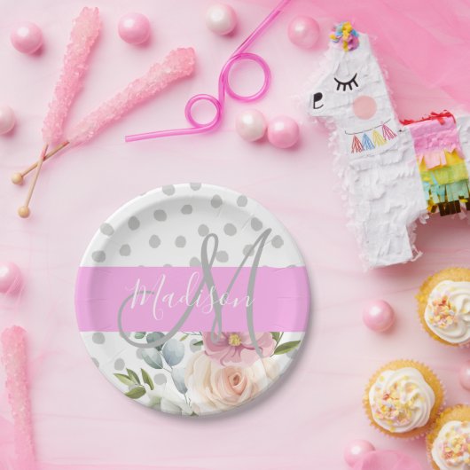 Chic & Girly Floral White Pink Grau Monogramm Name Pappteller (Party)