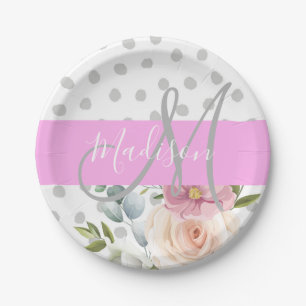 Chic & Girly Floral White Pink Grau Monogramm Name Pappteller
