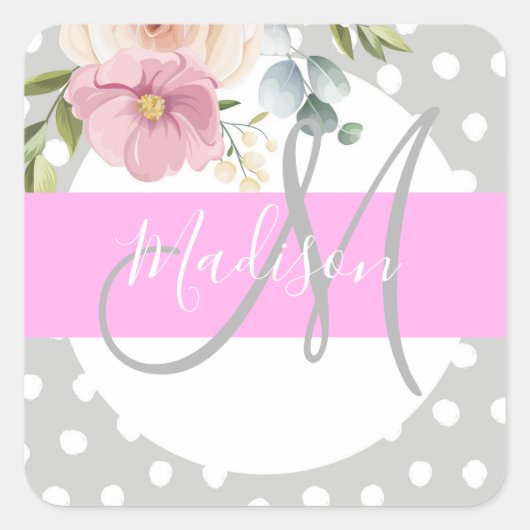 Chic & Girly Floral White Pink Grau Monogramm Name Quadratischer Aufkleber (Vorderseite)