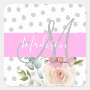 Chic & Girly Floral White Pink Grau Monogramm Name Quadratischer Aufkleber