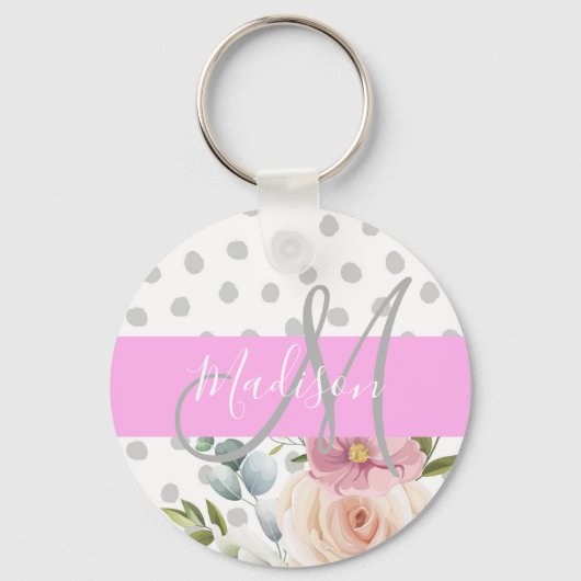 Chic & Girly Floral White Pink Grau Monogramm Name Schlüsselanhänger (Vorderseite)