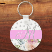 Chic & Girly Floral White Pink Grau Monogramm Name Schlüsselanhänger (Vorderseite)