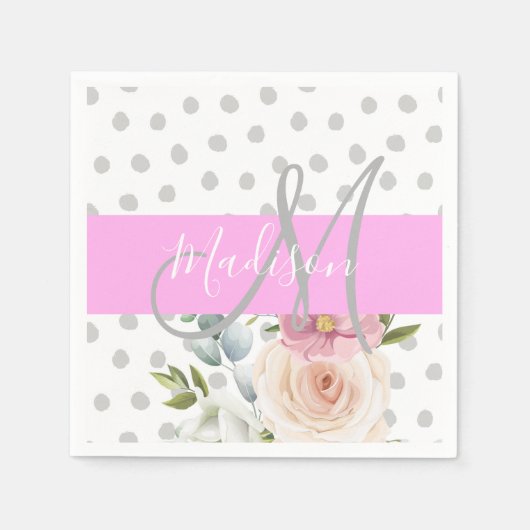 Chic & Girly Floral White Pink Grau Monogramm Name Serviette (Vorderseite)
