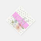 Chic & Girly Floral White Pink Grau Monogramm Name Serviette (Ecke)