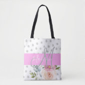 Chic & Girly Floral White Pink Grau Monogramm Name Tasche (Vorderseite)