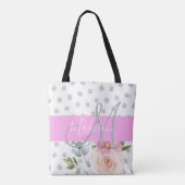 Chic & Girly Floral White Pink Grau Monogramm Name Tasche (Rückseite)
