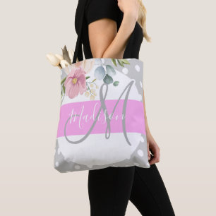 Chic & Girly Floral White Pink Grau Monogramm Name Tasche