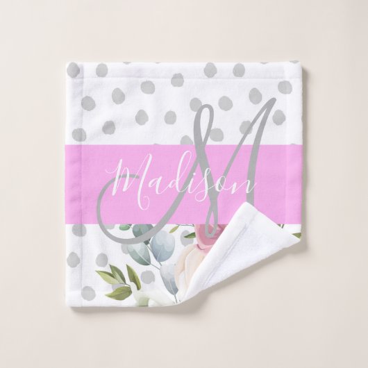 Chic & Girly Floral White Pink Grau Monogramm Name Waschlappen (Waschlappen)
