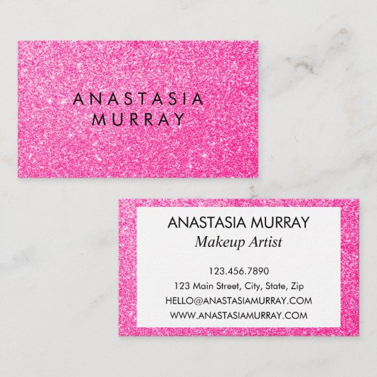 Chic, Girly & Glam Black Hot Pink Glitzer Glitzern Visitenkarte (Vorne/Hinten)
