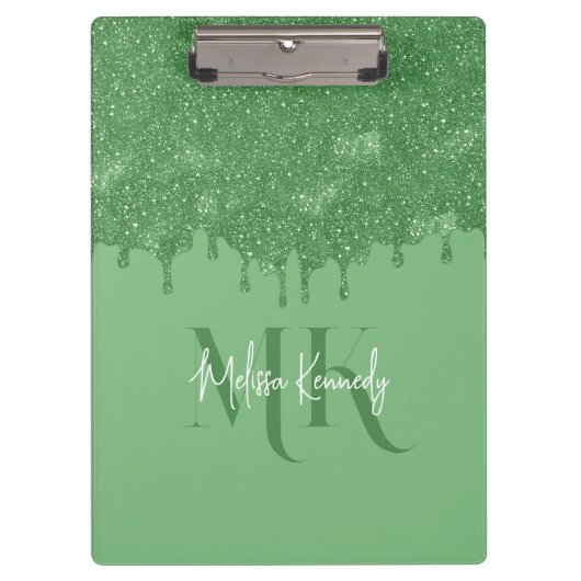 Chic Girly Green Glitzer Tropfens Monogram mit Nam Klemmbrett (Vorderseite)