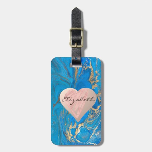Chic Girly Hearts, Blue Gold Marmor - Personalisie Gepäckanhänger (Vorderseite vertikal)