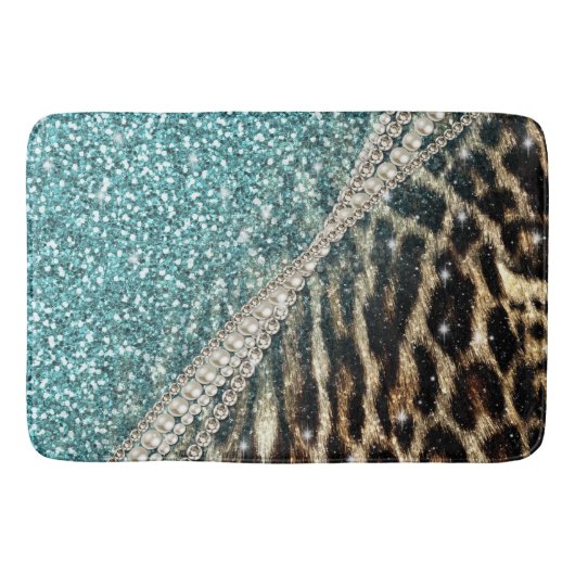 Chic Girly Leopard Print Blue Glitzer Badematte (Vorderseite)